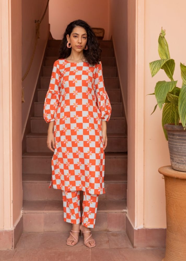 A Model Wearing Multicolor Organic Cotton Bloom Kurta Set- Peach Checks, curated by Only Ethikal