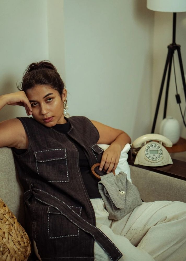 A Model Wearing Black Pure Cotton Sonder Unisex Utility Vest, curated by Only Ethikal