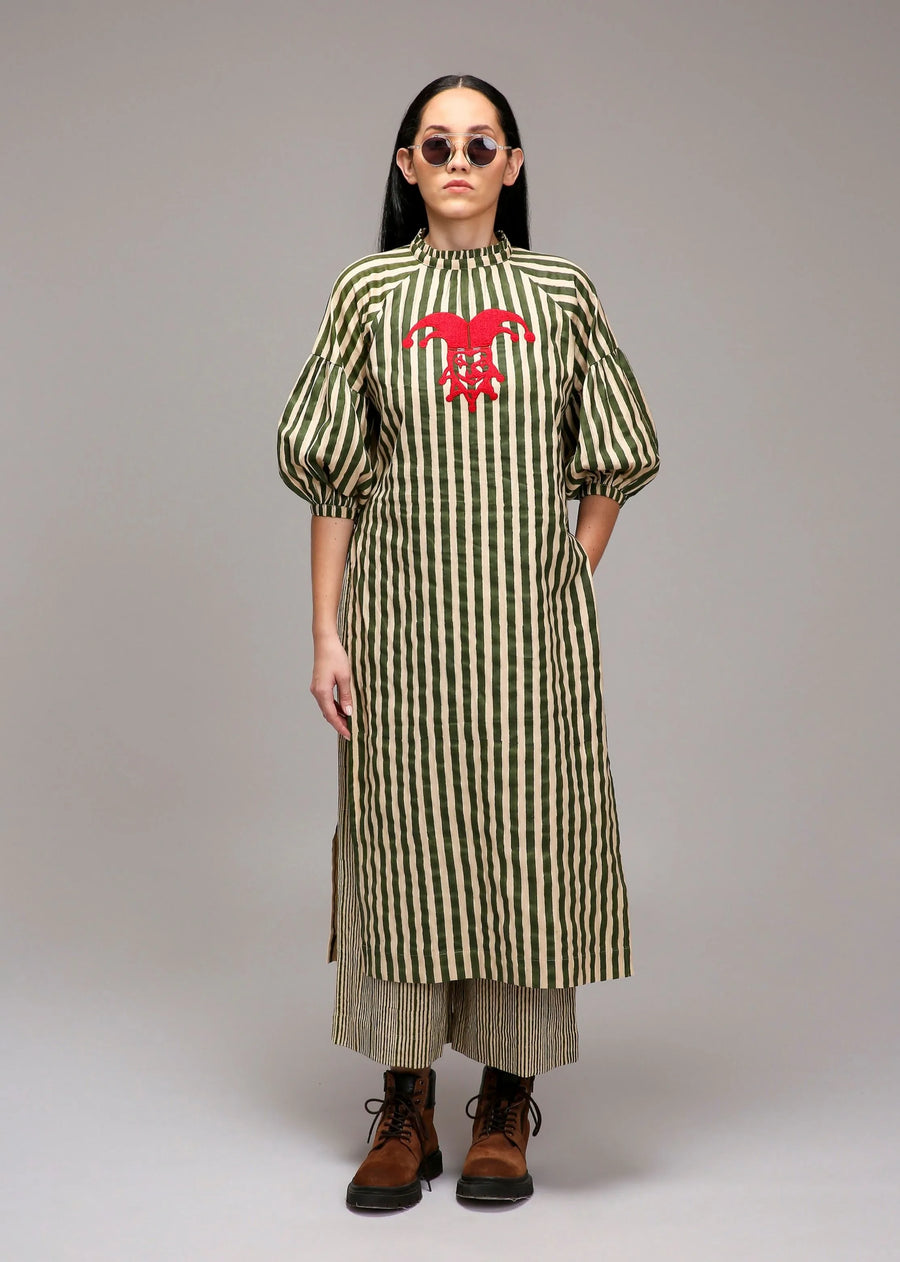 A Model Wearing Multicolor Cotton Egg-Shell Green Striped Big Joker Tunic Set (2 PCS), curated by Only Ethikal