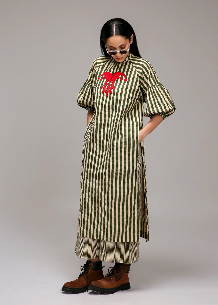 Egg-Shell Green Striped Big Joker Tunic Set (2 Pcs)