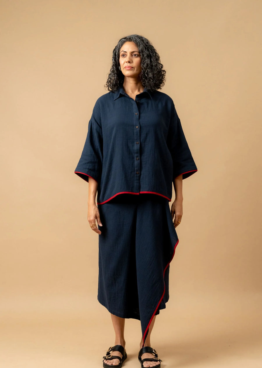 A Model Wearing Blue Organic Cotton Shirin Blue Oversized Shirt, curated by Only Ethikal