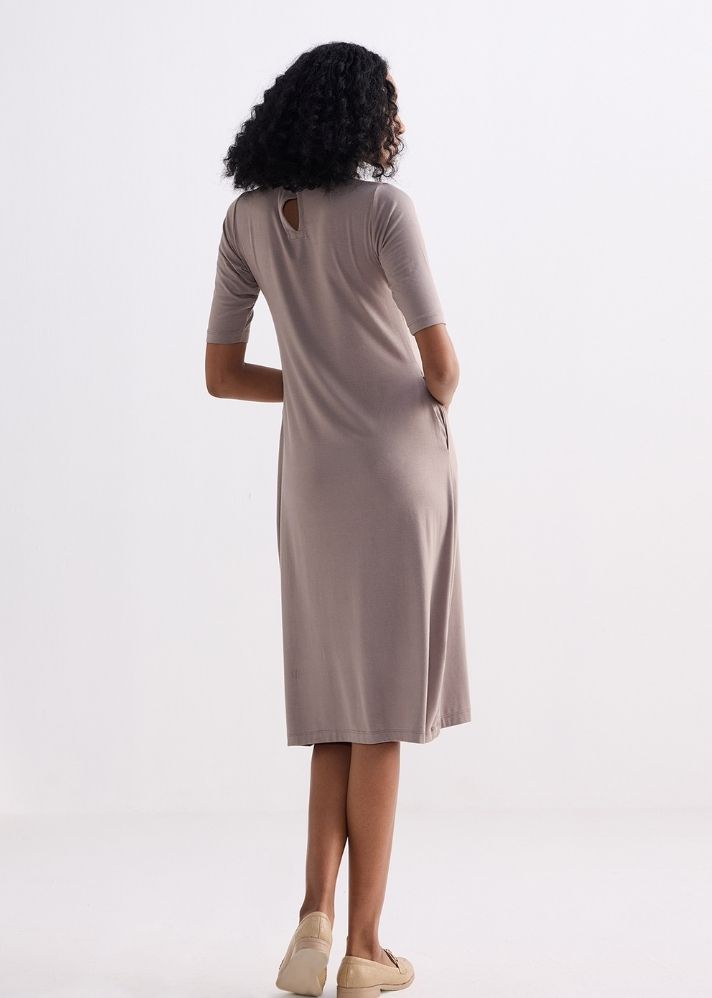 High Crew Neck Elbow Sleeves Fitted Dress In Dusty Brown