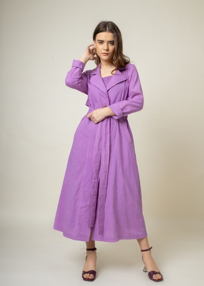 A Model Wearing Purple Organic Cotton Amelia Purple Trench, curated by Only Ethikal