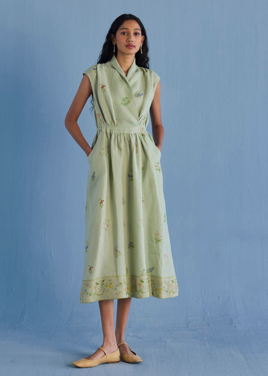Mema Shawl Collar Printed Linen Dress - Mint