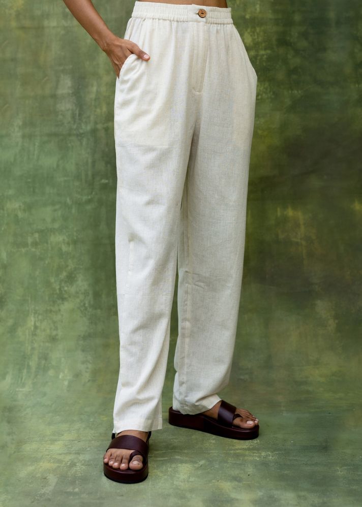 A Model Wearing White Upcycled Fabric Waris Pant, curated by Only Ethikal