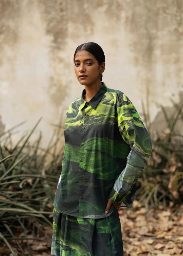 A Model Wearing Multicolor Upcycled Cotton Earo Green Shirt, curated by Only Ethikal