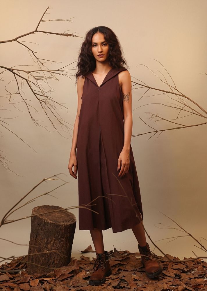 A Model Wearing Beige, Brown, Green, Blue Pure Cotton Roots Hooded Vita Dress, curated by Only Ethikal