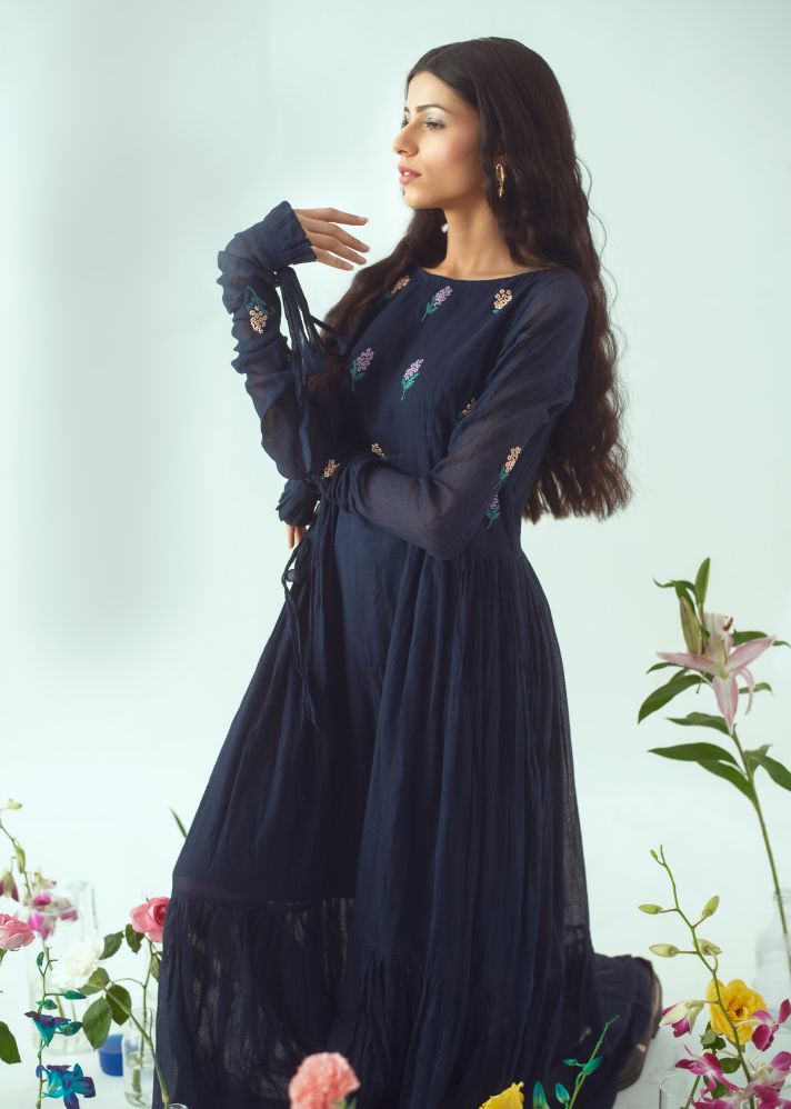 Navy Bird Dress In Handwoven Kota Slub