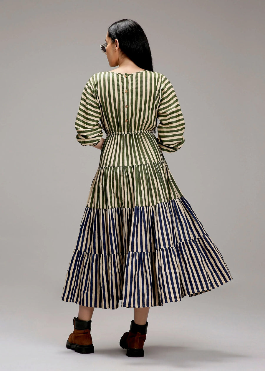Egg-Shell Green & Blue Striped Tiered Dress