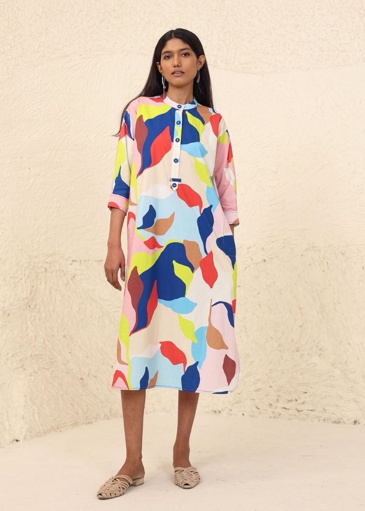 A Model Wearing Multicolor Cotton Wiona Print Dress , curated by Only Ethikal