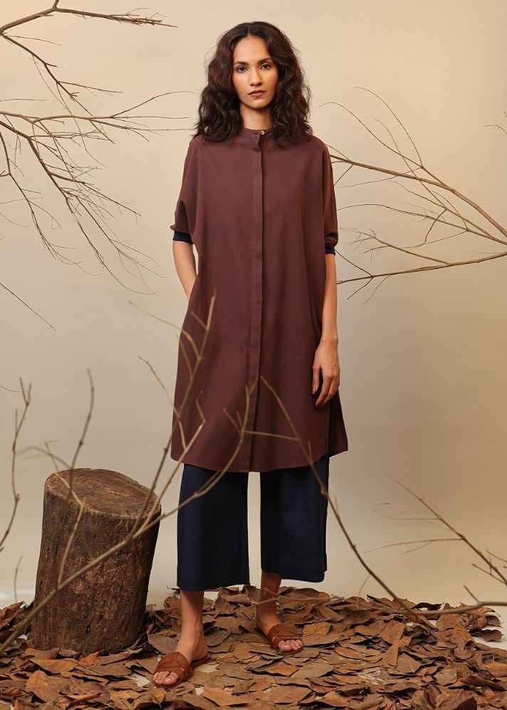 A Model Wearing Brown & Blue, Blue & Brown, Beige & Brown, Green & Brown Pure Cotton Roots Shirt Tunic Set (2 PCS), curated by Only Ethikal