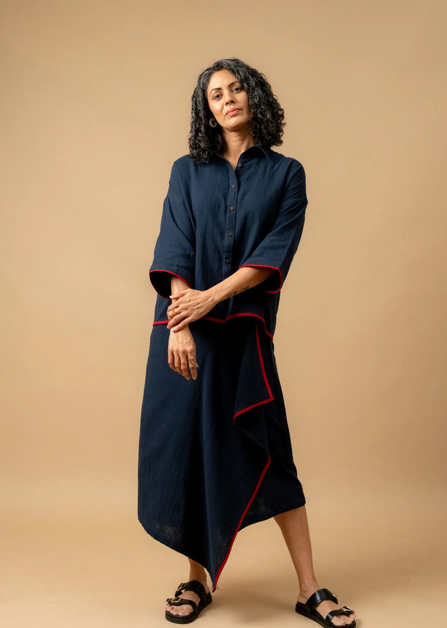 A Model Wearing Blue Organic Cotton Shirin Blue Organic Cotton Skirt, curated by Only Ethikal