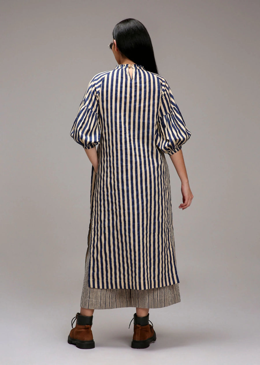 Egg-Shell Blue Striped Big Joker Tunic Set (2 Pcs)