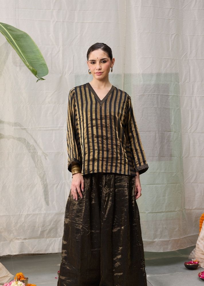 A Model Wearing Multicolor Chanderi Cotton Multicolor Kaveri Pants-Ra/Fe/45, curated by Only Ethikal