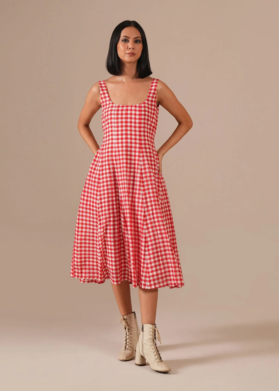 A Model Wearing Red Pure Cotton Garnet Mist Dress, curated by Only Ethikal