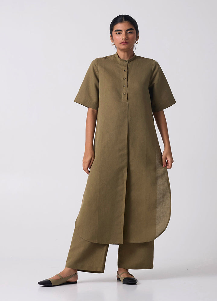 A Model Wearing Olive Linen Cotton Ethel Olive Co-Ord Set, curated by Only Ethikal