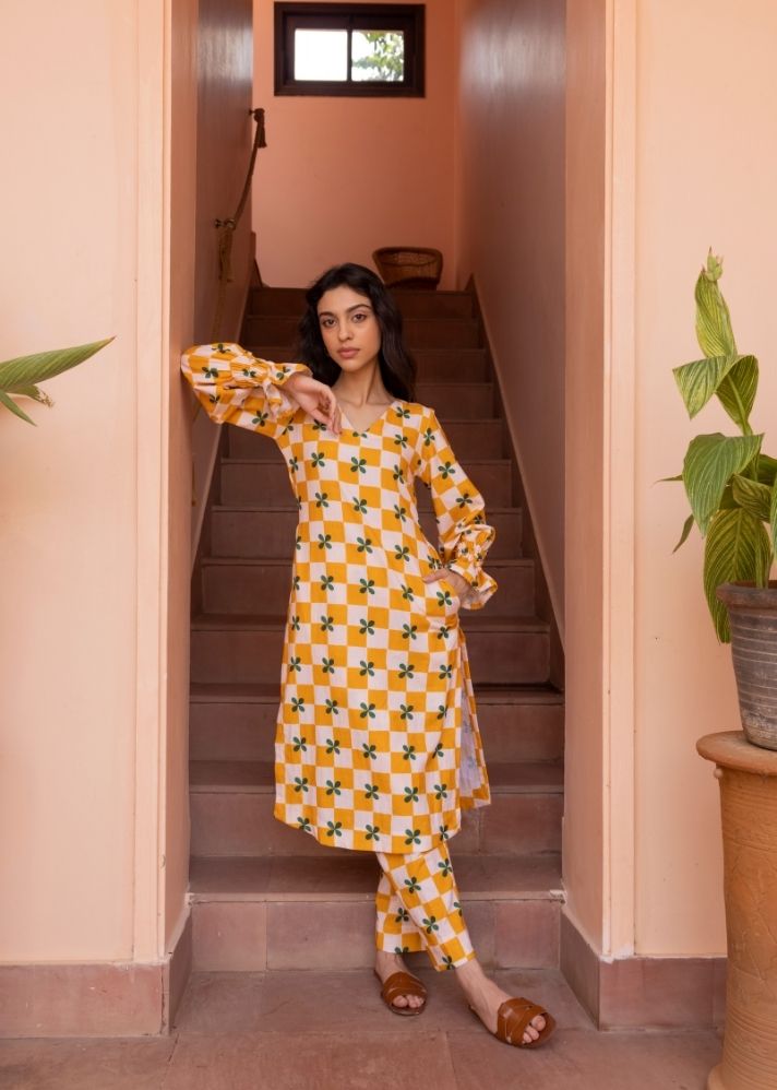 A Model Wearing Multicolor Organic Cotton Plum Kurta- Mustard Checks, curated by Only Ethikal