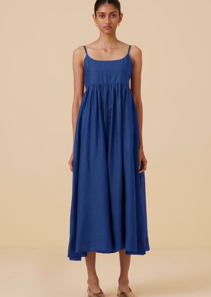 A Model Wearing Blue Cotton silk Hamza Royal Blue Sleeveless Midi Dress , curated by Only Ethikal