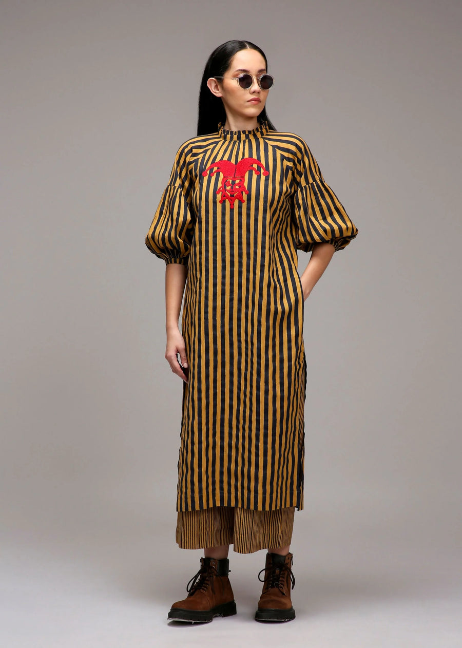 A Model Wearing Multicolor Cotton Tan-Brown Blue Striped Big Joker Tunic Set (2 PCS), curated by Only Ethikal