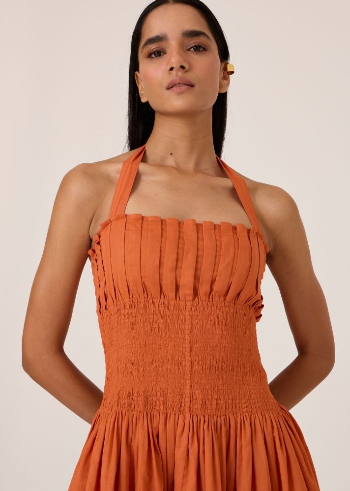 Aisha Apricot Pleated Midi Dress