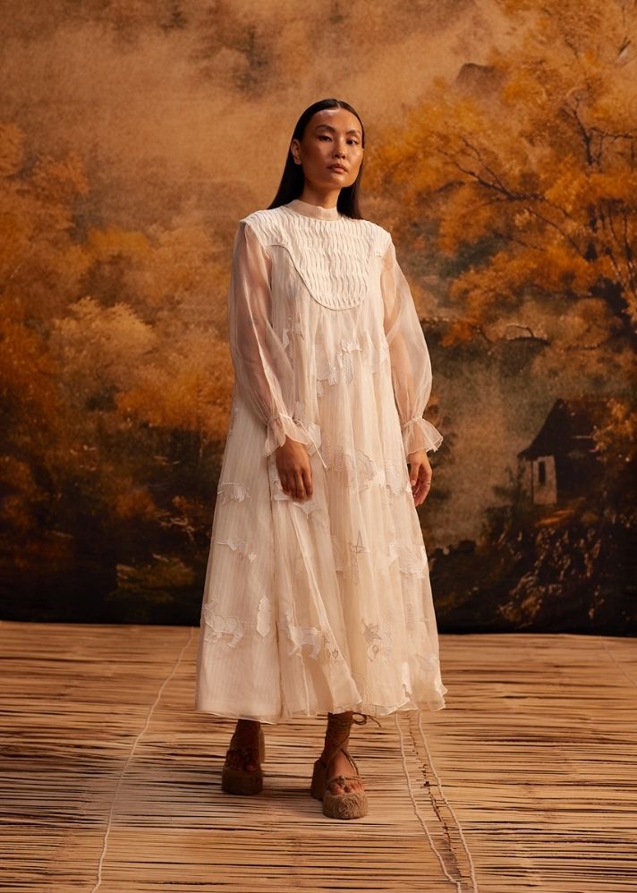 A Model Wearing White Cotton Silk Chanderi Saku Yoke Maxi Dress, curated by Only Ethikal