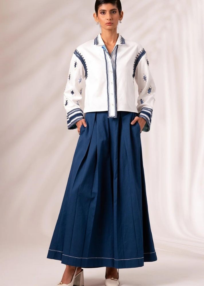 A Model Wearing Multicolor Cotton Twill Cosmo Top + Indigo Rico Pleated Culottes   Co-Ord Set, curated by Only Ethikal