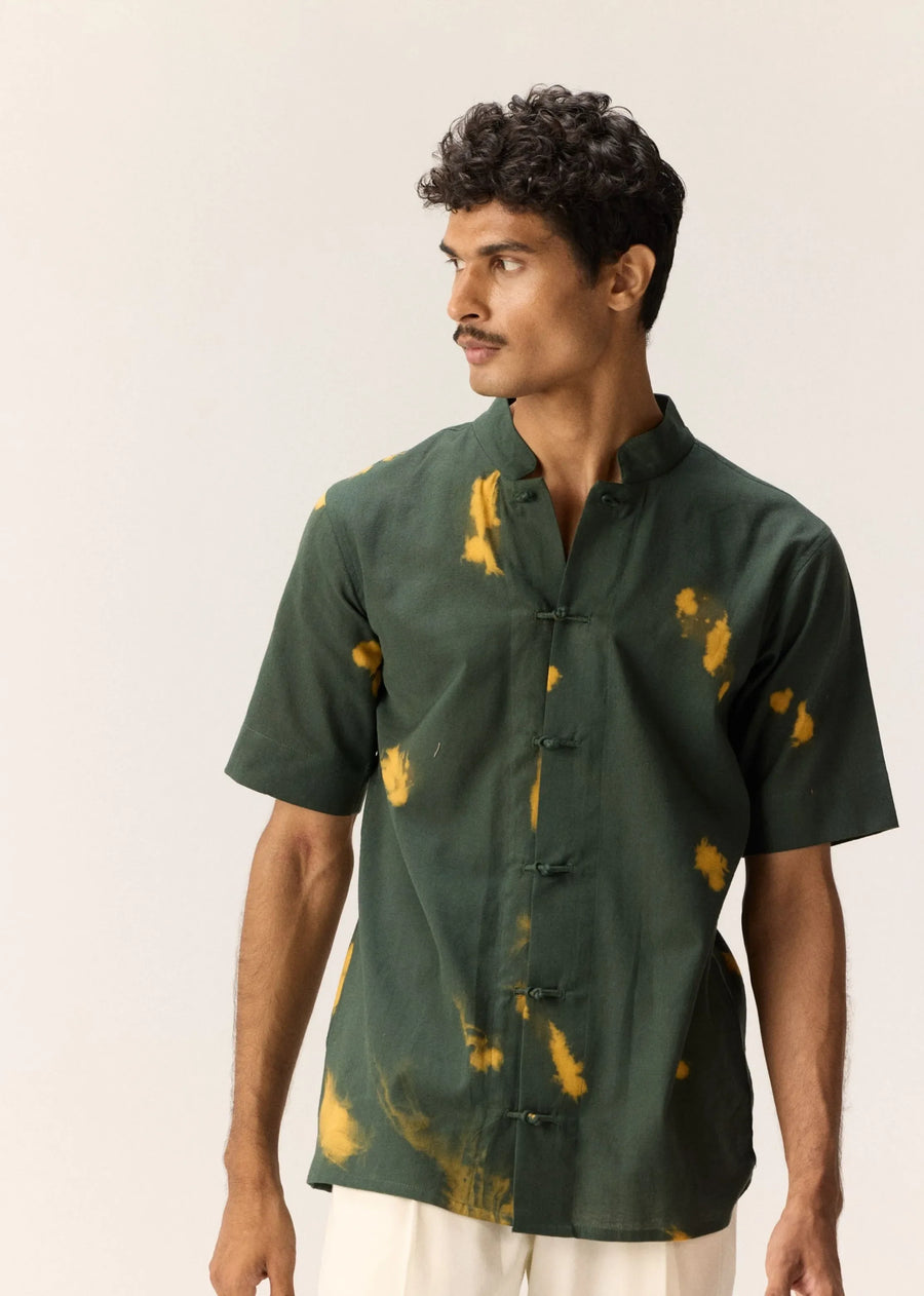 A Model Wearing Green Cotton Khadi Forest Flicker Shirt, curated by Only Ethikal