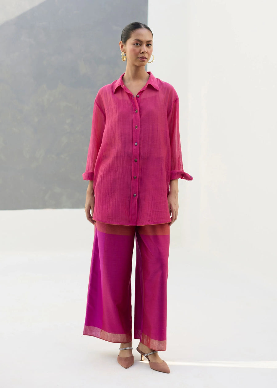 A Model Wearing Pink Silk Nazo Sheer Silk Chanderi Shirt - Rose, curated by Only Ethikal