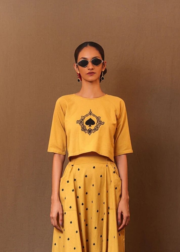 A Model Wearing Yellow Pure Cotton Mustard Solo Emb Spade Crop Top, curated by Only Ethikal