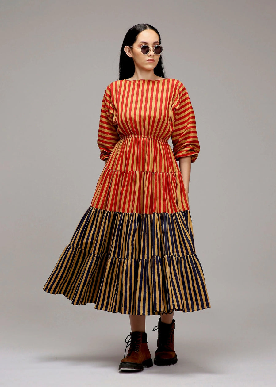 A Model Wearing Multicolor Cotton Tan-Brown Red & Blue Striped Tiered Dress, curated by Only Ethikal