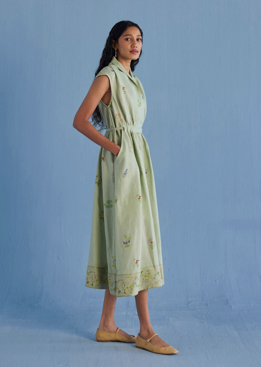 Mema Shawl Collar Printed Linen Dress - Mint