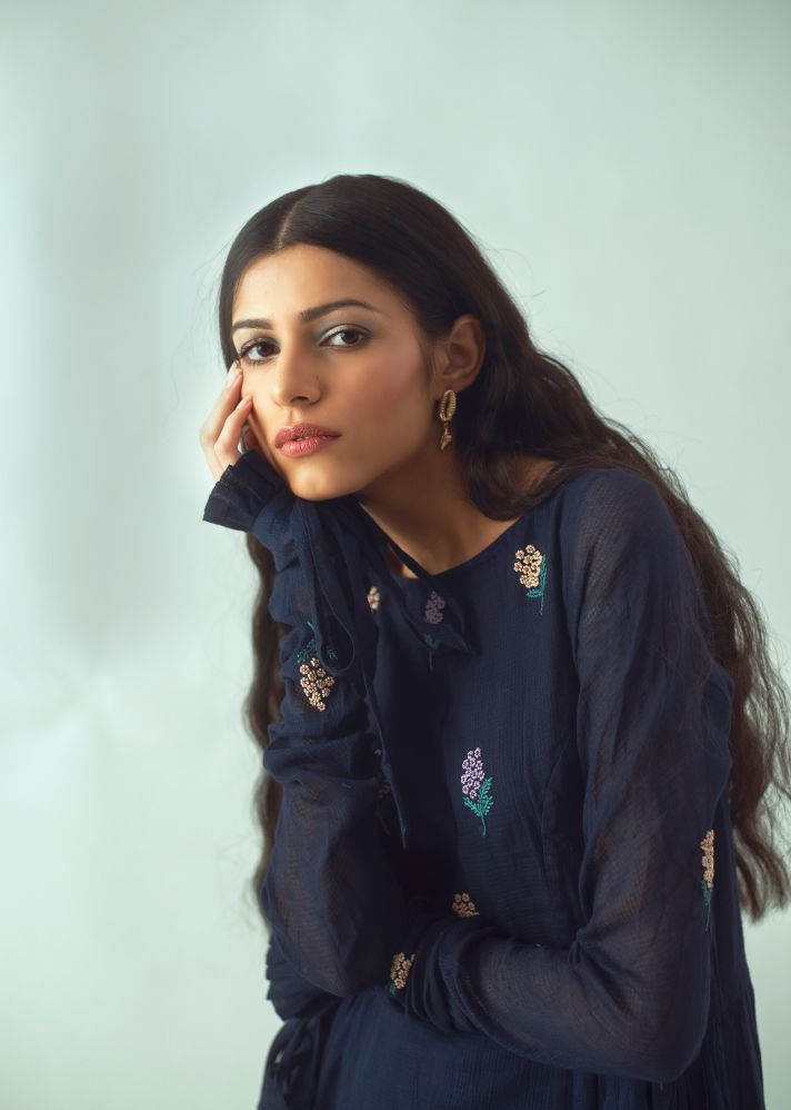 Navy Bird Dress In Handwoven Kota Slub