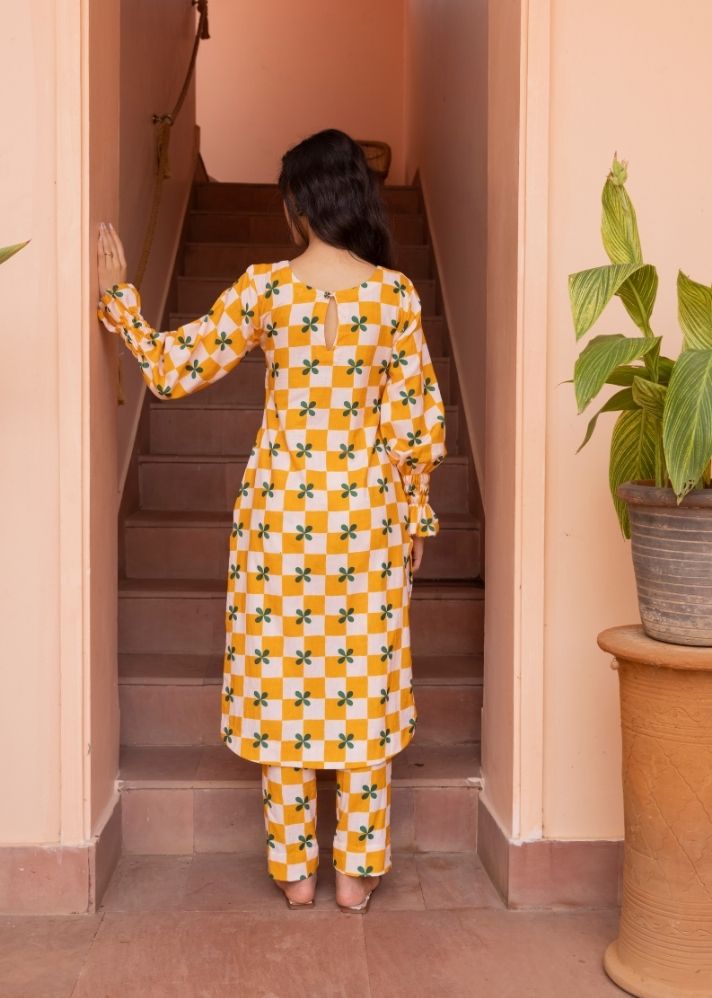 A Model Wearing Multicolor Organic Cotton Plum Kurta- Mustard Checks, curated by Only Ethikal