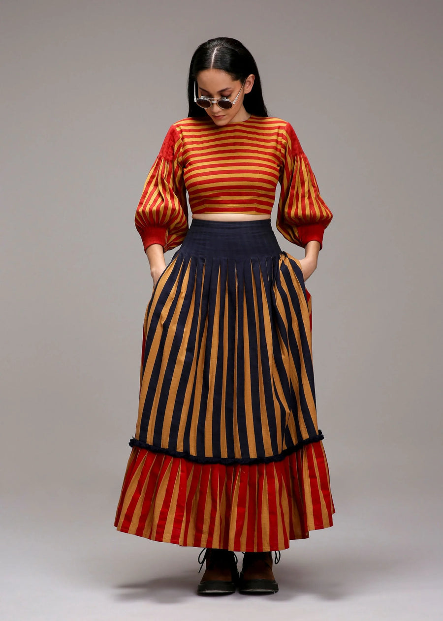 A Model Wearing Multicolor Cotton Tan-Brown Blue Red Dual Striped Skirt, curated by Only Ethikal