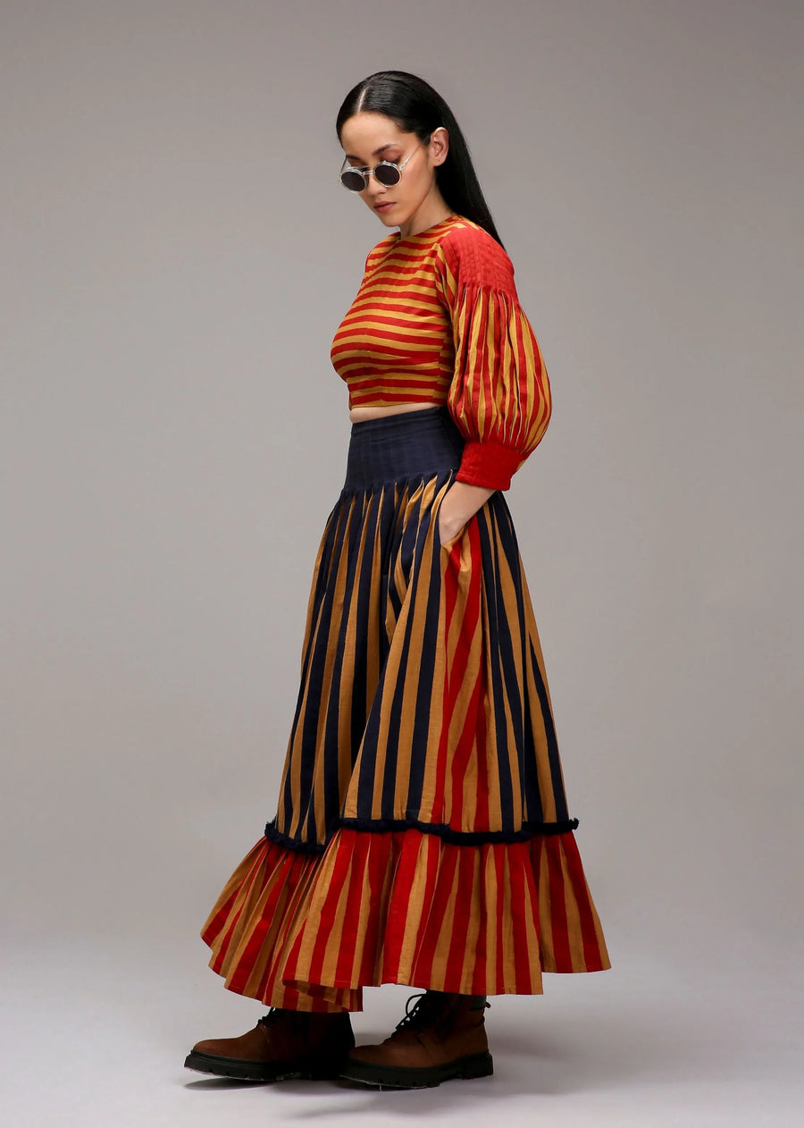 Tan-Brown Blue Red Dual Striped Skirt