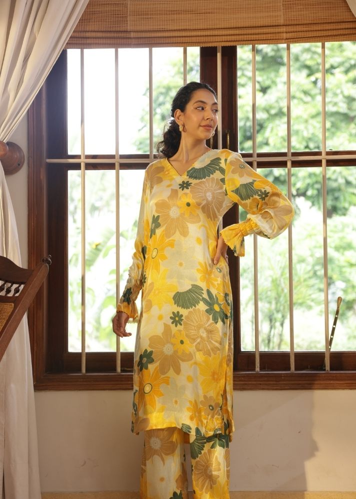 A Model Wearing Multicolor Vegan Silk Greece Kurta Set- Mosaic Yellow Print, curated by Only Ethikal