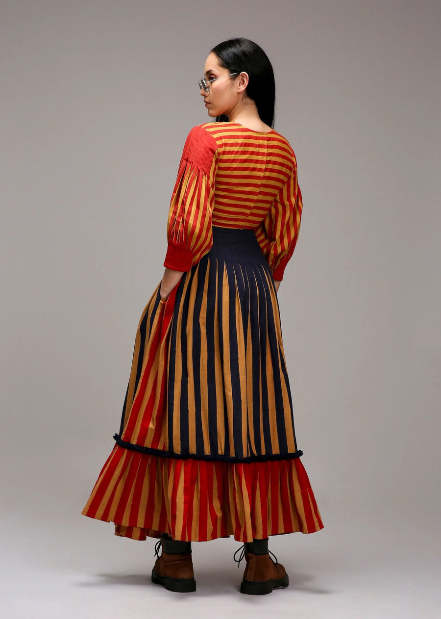 Tan-Brown Blue Red Dual Striped Skirt