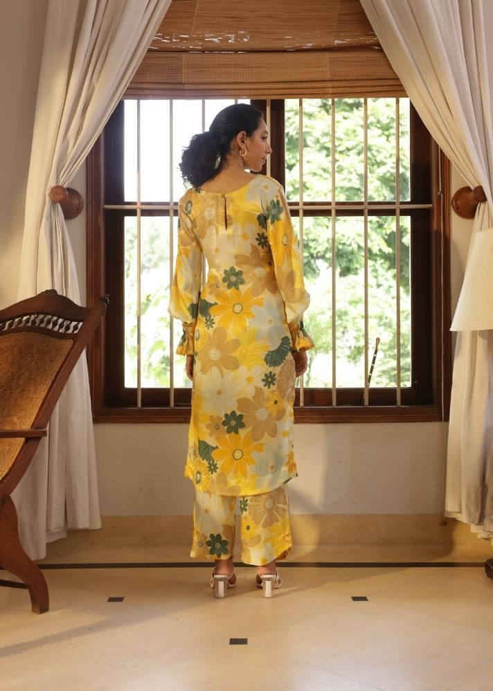 A Model Wearing Multicolor Vegan Silk Greece Kurta Set- Mosaic Yellow Print, curated by Only Ethikal