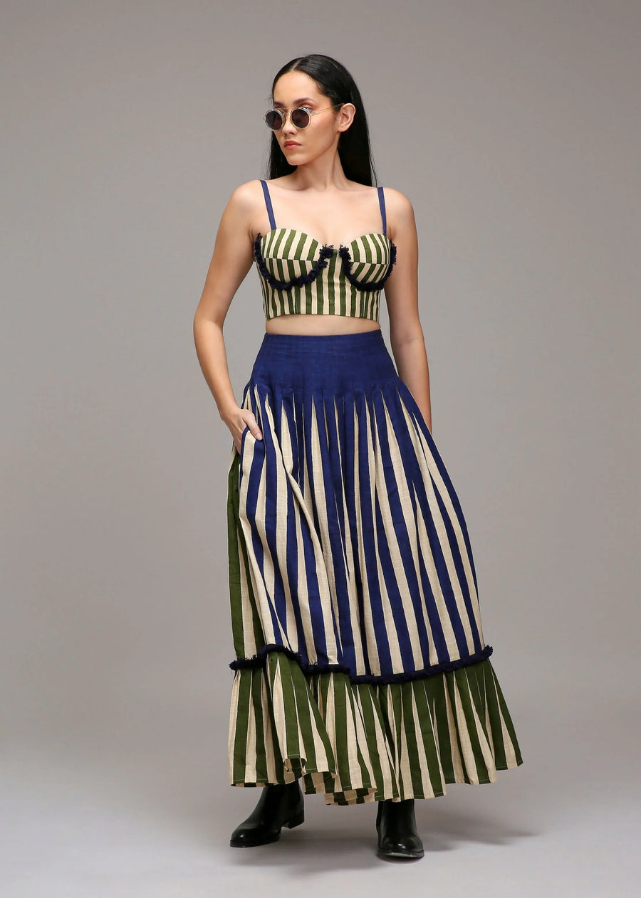 A Model Wearing Multicolor Cotton Egg-Shell Blue Green Dual Striped Skirt, curated by Only Ethikal