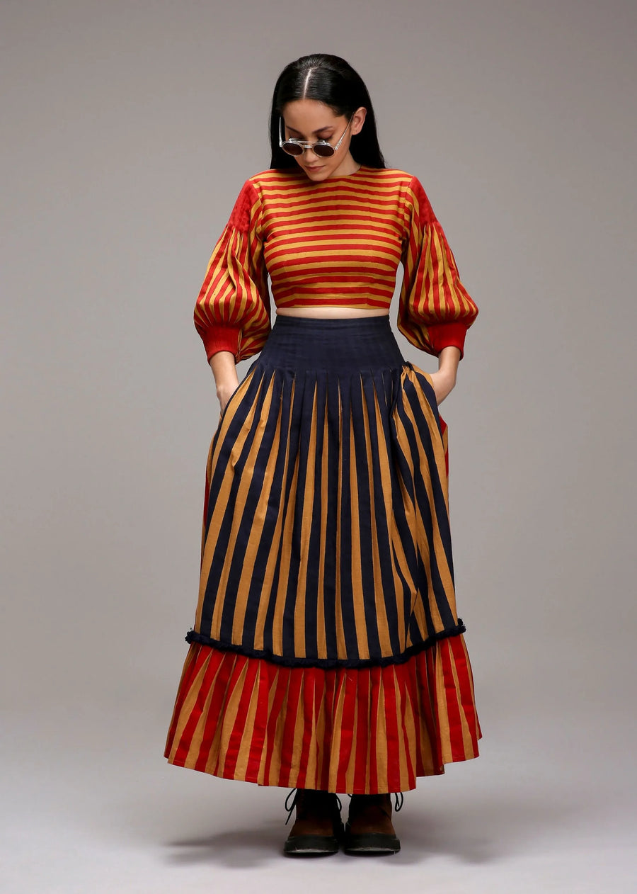 A Model Wearing Multicolor Cotton Tan-Brown Striped Crop Top & Skirt Set (2 PCS), curated by Only Ethikal