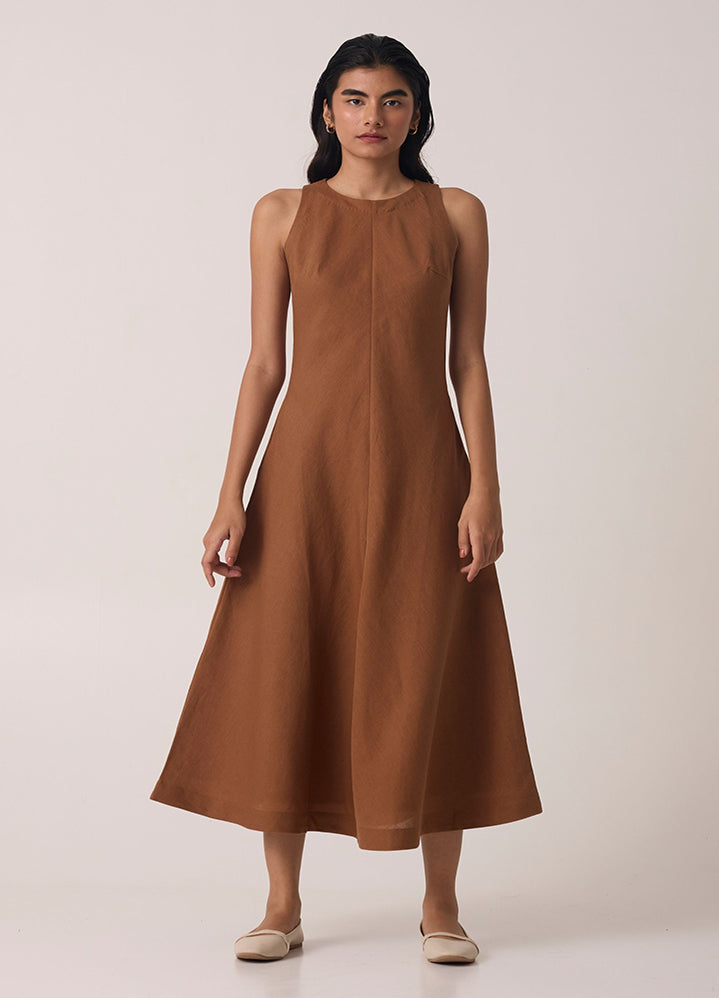 A Model Wearing Brown Linen Cotton Naomi Brown Linen Cotton Dress, curated by Only Ethikal