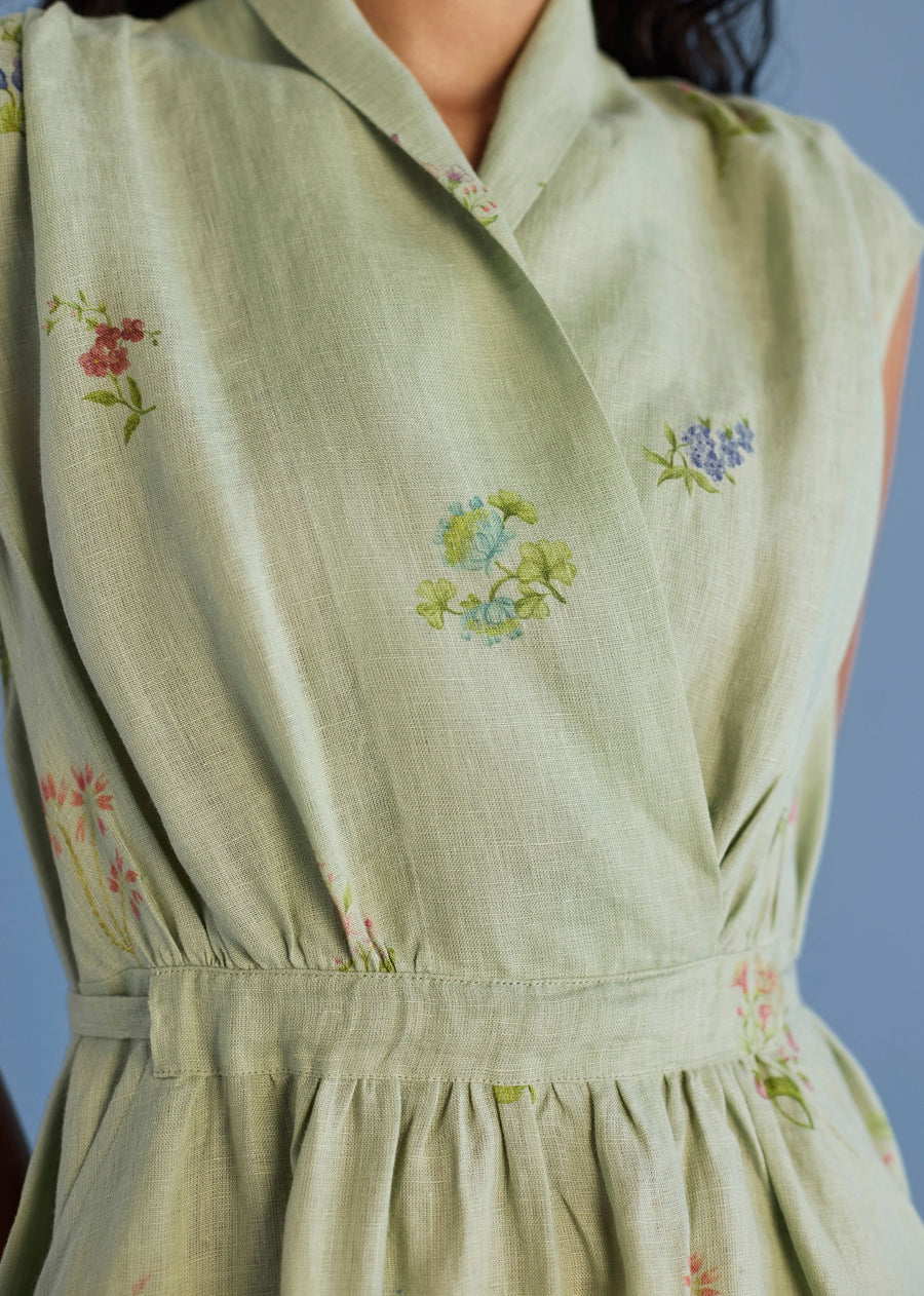 Mema Shawl Collar Printed Linen Dress - Mint