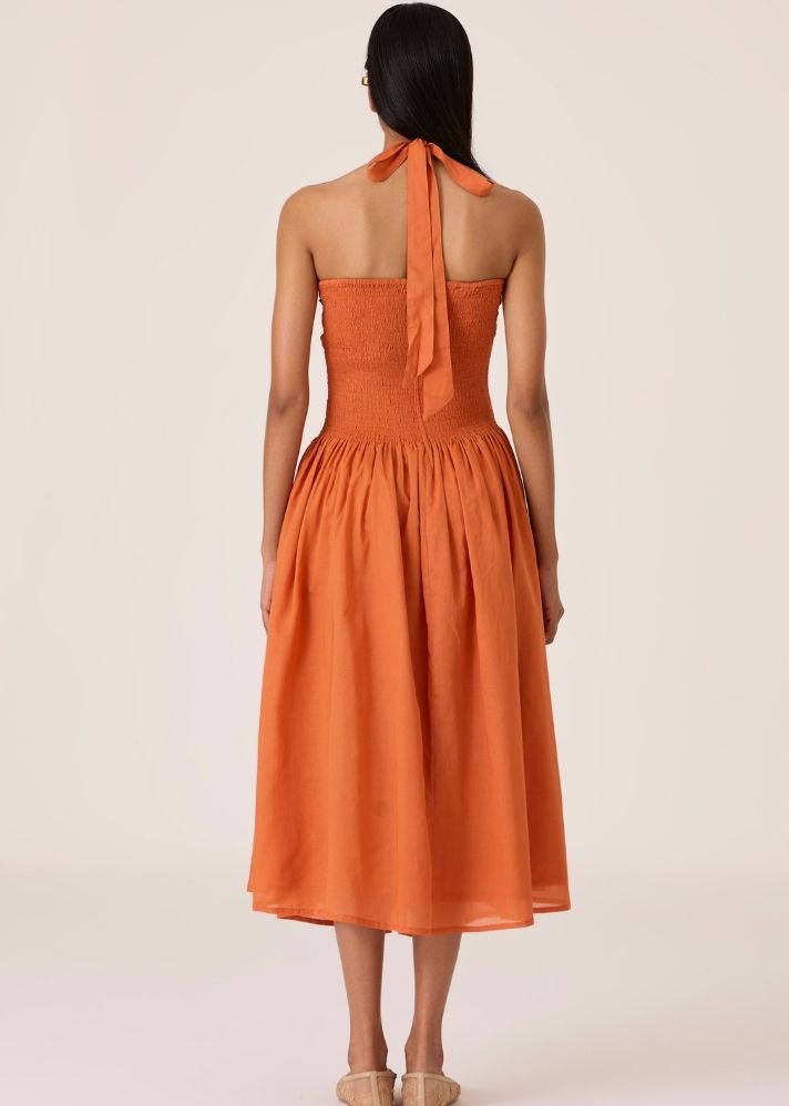 Aisha Apricot Pleated Midi Dress