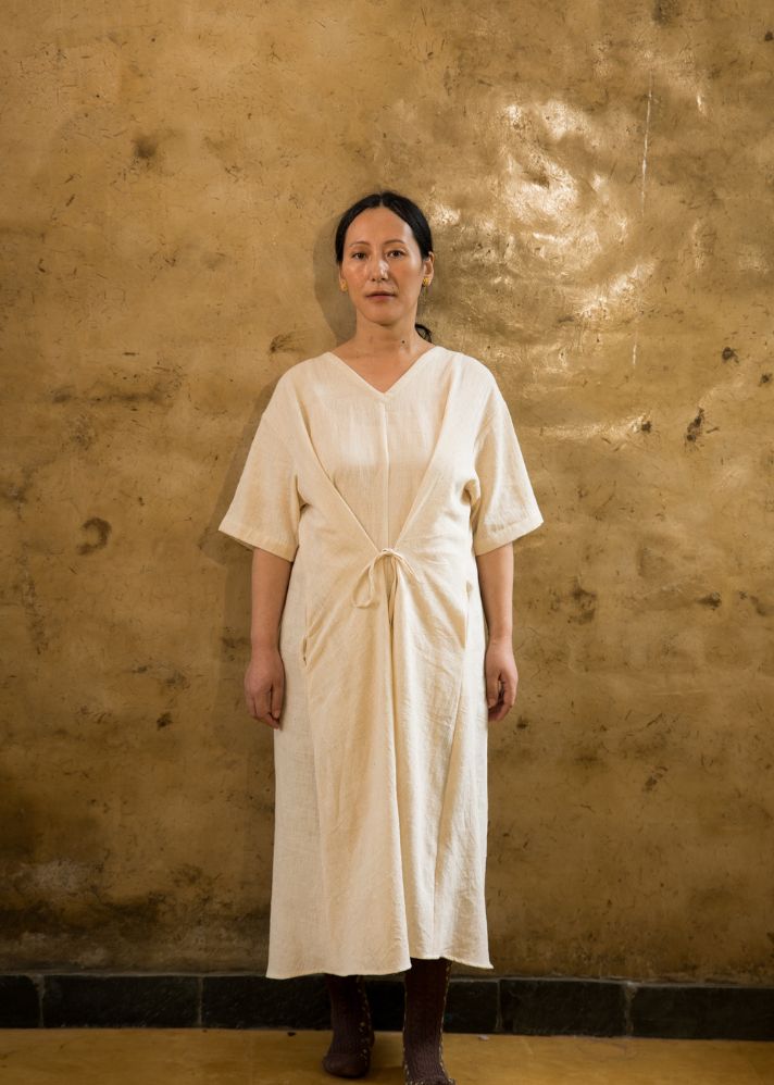 A Model Wearing Yellow Vegan Silk Kc.09 Versatile Two-Way Kala Cotton Dress, curated by Only Ethikal
