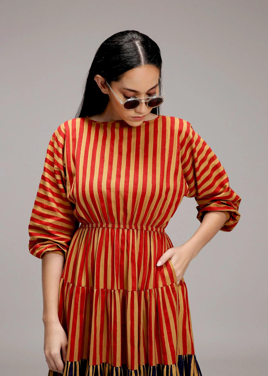 Tan-Brown Red & Blue Striped Tiered Dress