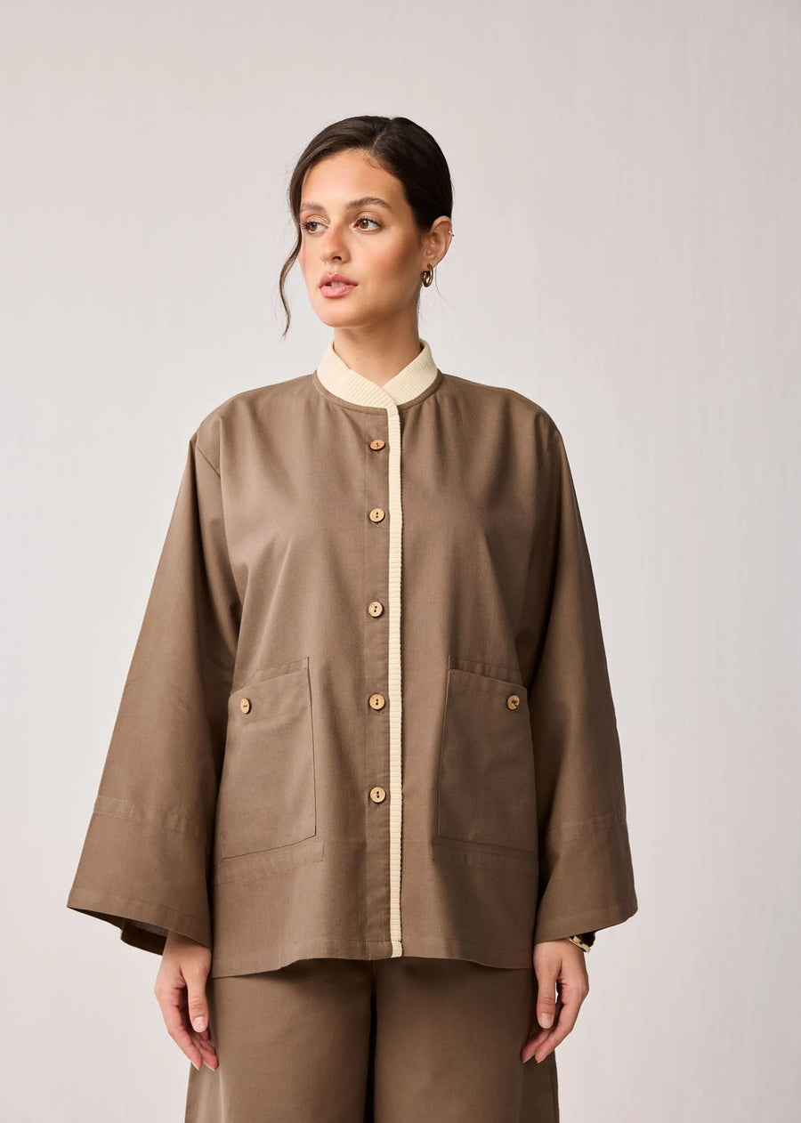 Brown Oversized Jacket & Wide-Leg Pants Co-ord