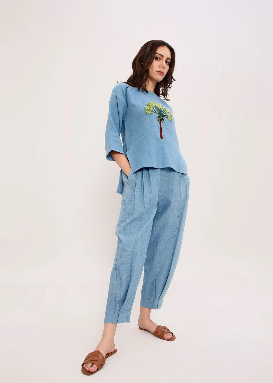 Coco Blue Embroidered Top & Pants Set (2 Pcs)