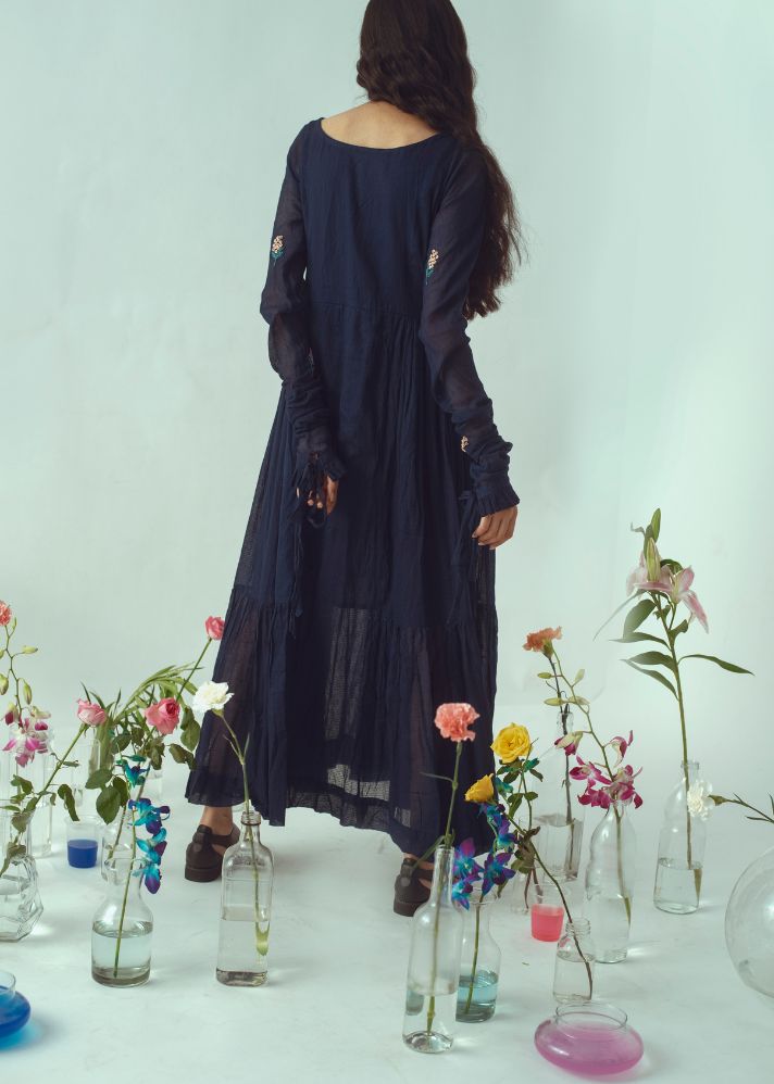 Navy Bird Dress In Handwoven Kota Slub