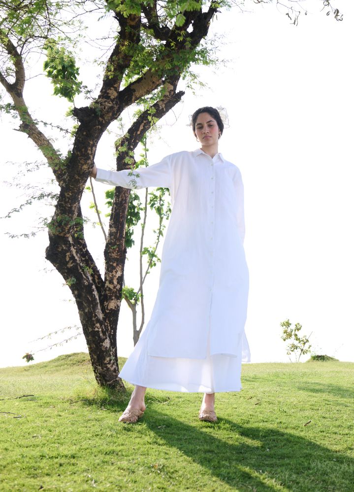 A Model Wearing White Linen Cotton Bright Whitemagnolia Coord Set, curated by Only Ethikal