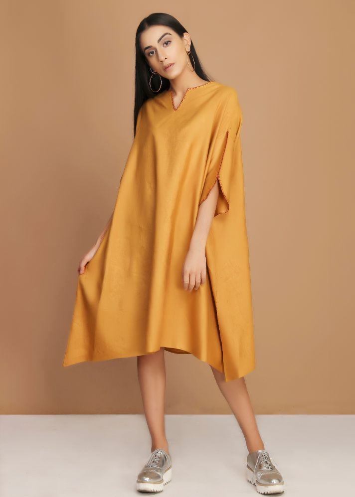 A Model Wearing Mustard Handloom Cotton Mustard Tunic Dress, curated by Only Ethikal